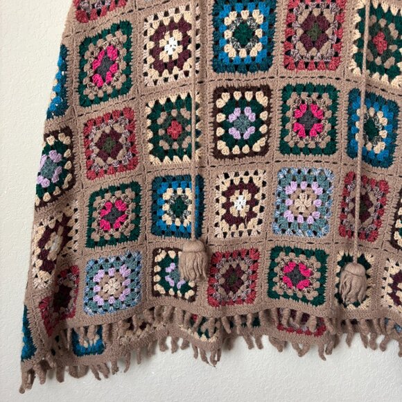 Boho Wool Blend Granny Square Colorful Crochet Poncho Sweater Top - Picture 4 of 11